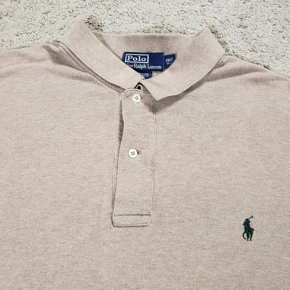 Ralph Lauren Mens 2XLT Tall Tan Green Pony Long Sleeve Pique Polo Shirt